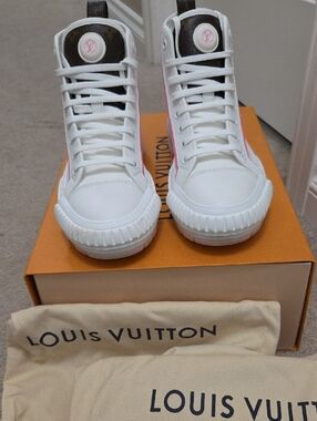 Louis Vuitton White and Pink High-Top Sneakers